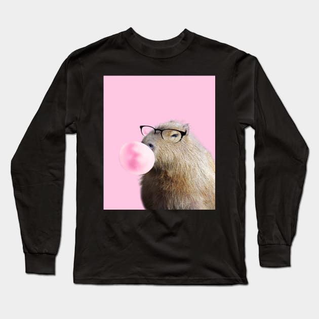 Capybara Chewing Pink Bubblegum Long Sleeve T-Shirt by Random Galaxy